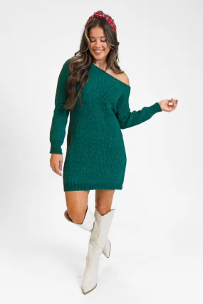 Holiday Spirit Green Chenille Off The Shoulder Sweater Dress