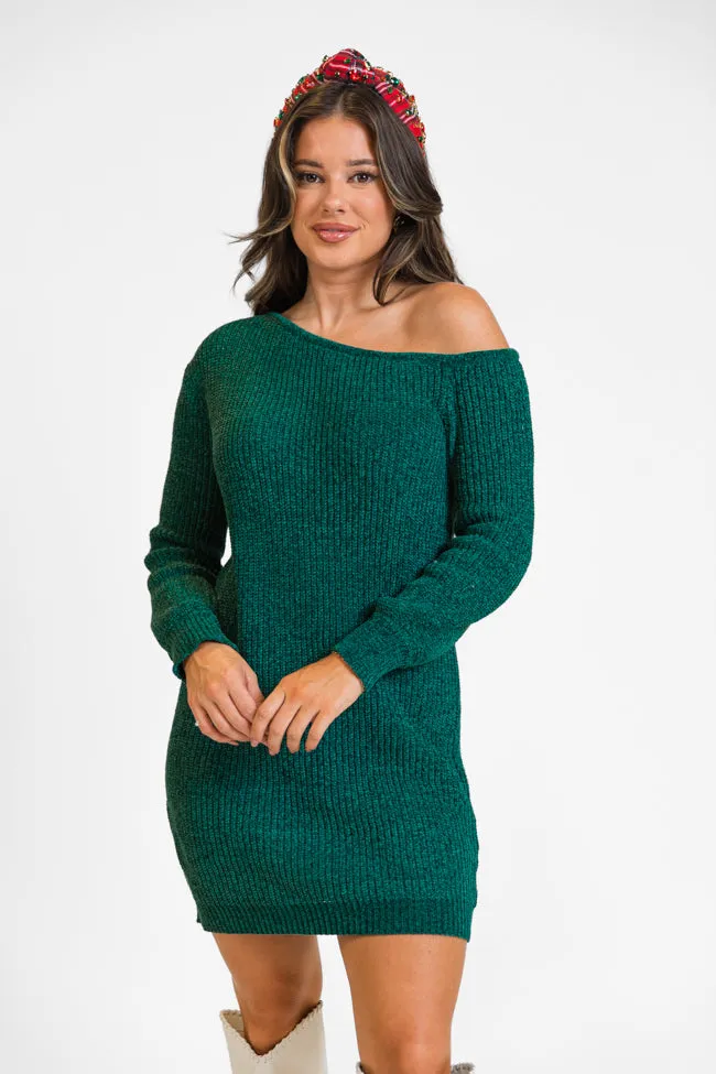 Holiday Spirit Green Chenille Off The Shoulder Sweater Dress