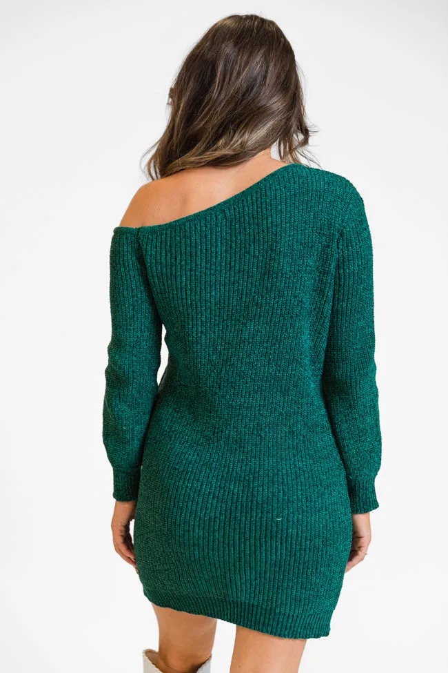 Holiday Spirit Green Chenille Off The Shoulder Sweater Dress