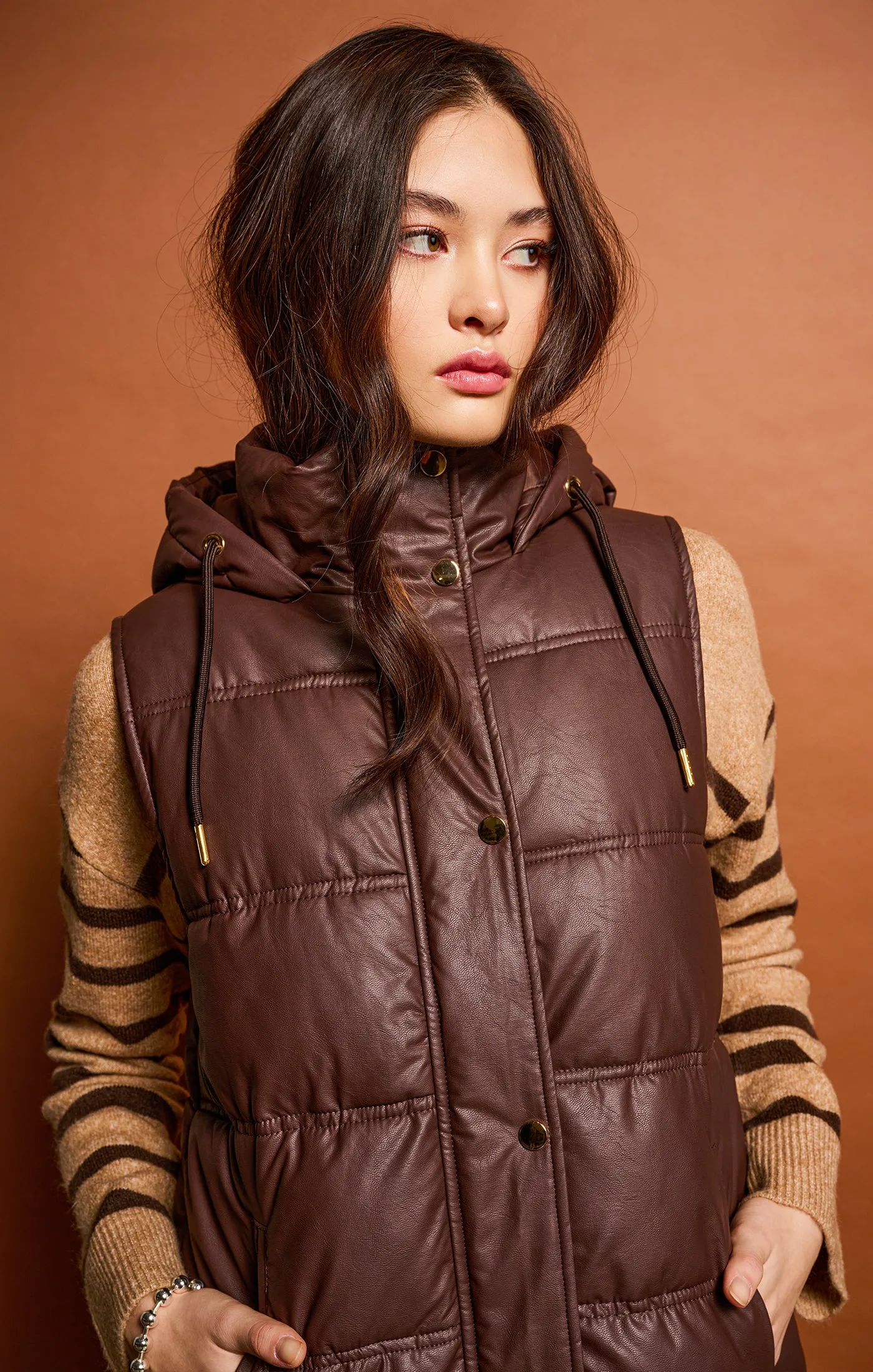 Hooded Faux Leather Puffer Vest