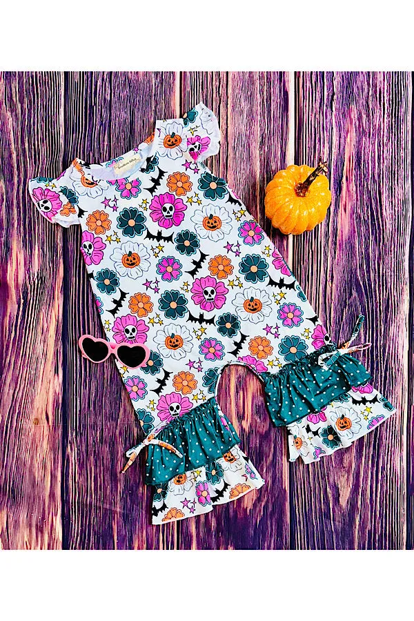 Hunter green w/polka dots & pumpkins ruffle baby romper XCH0012-2H