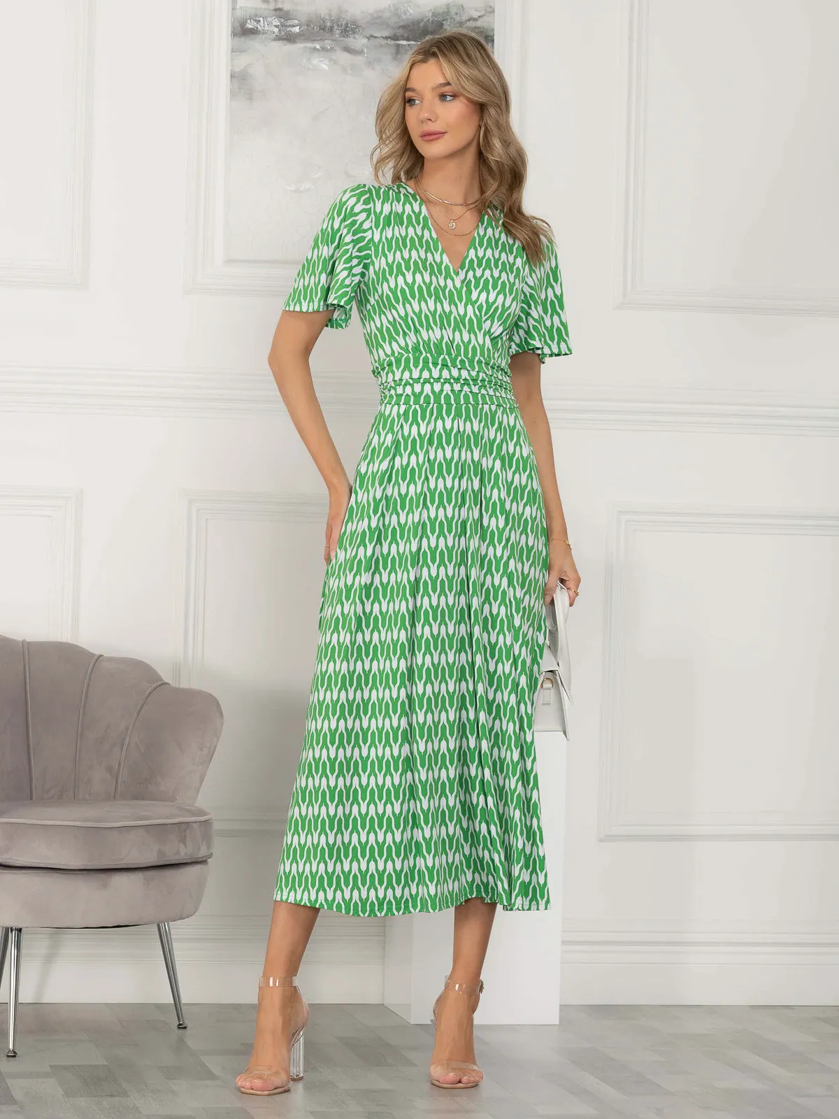 Jaylynn Flare Sleeve Jersey Maxi Dress, Green Geometric