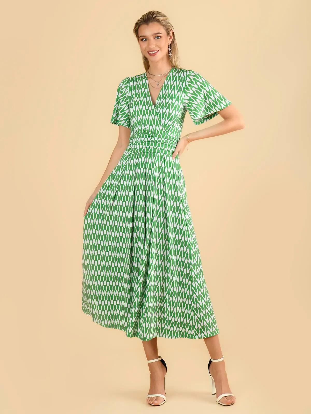 Jaylynn Flare Sleeve Jersey Maxi Dress, Green Geometric