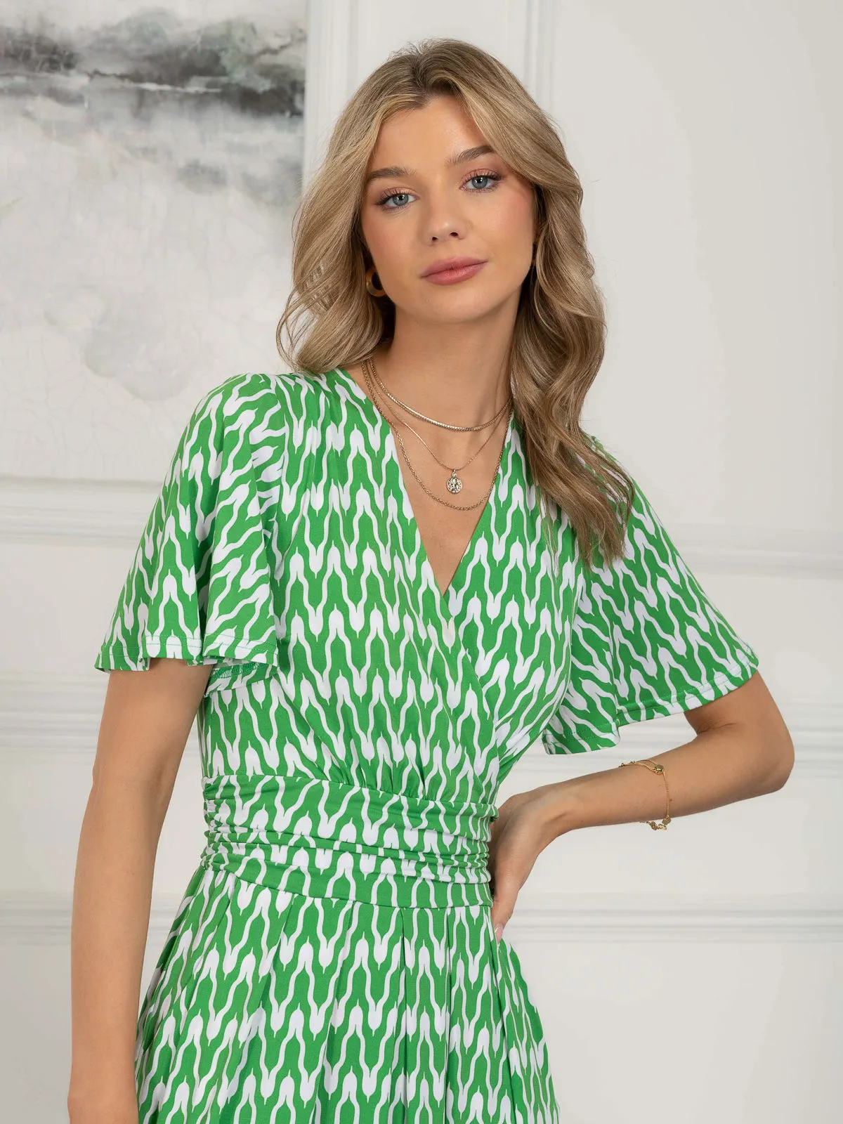 Jaylynn Flare Sleeve Jersey Maxi Dress, Green Geometric