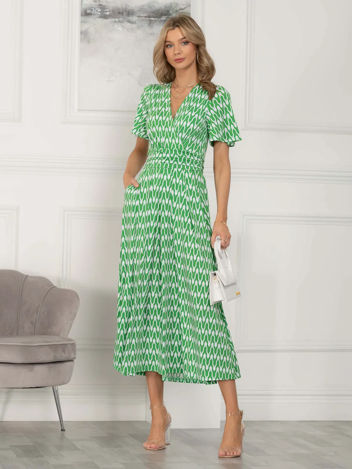 Jaylynn Flare Sleeve Jersey Maxi Dress, Green Geometric