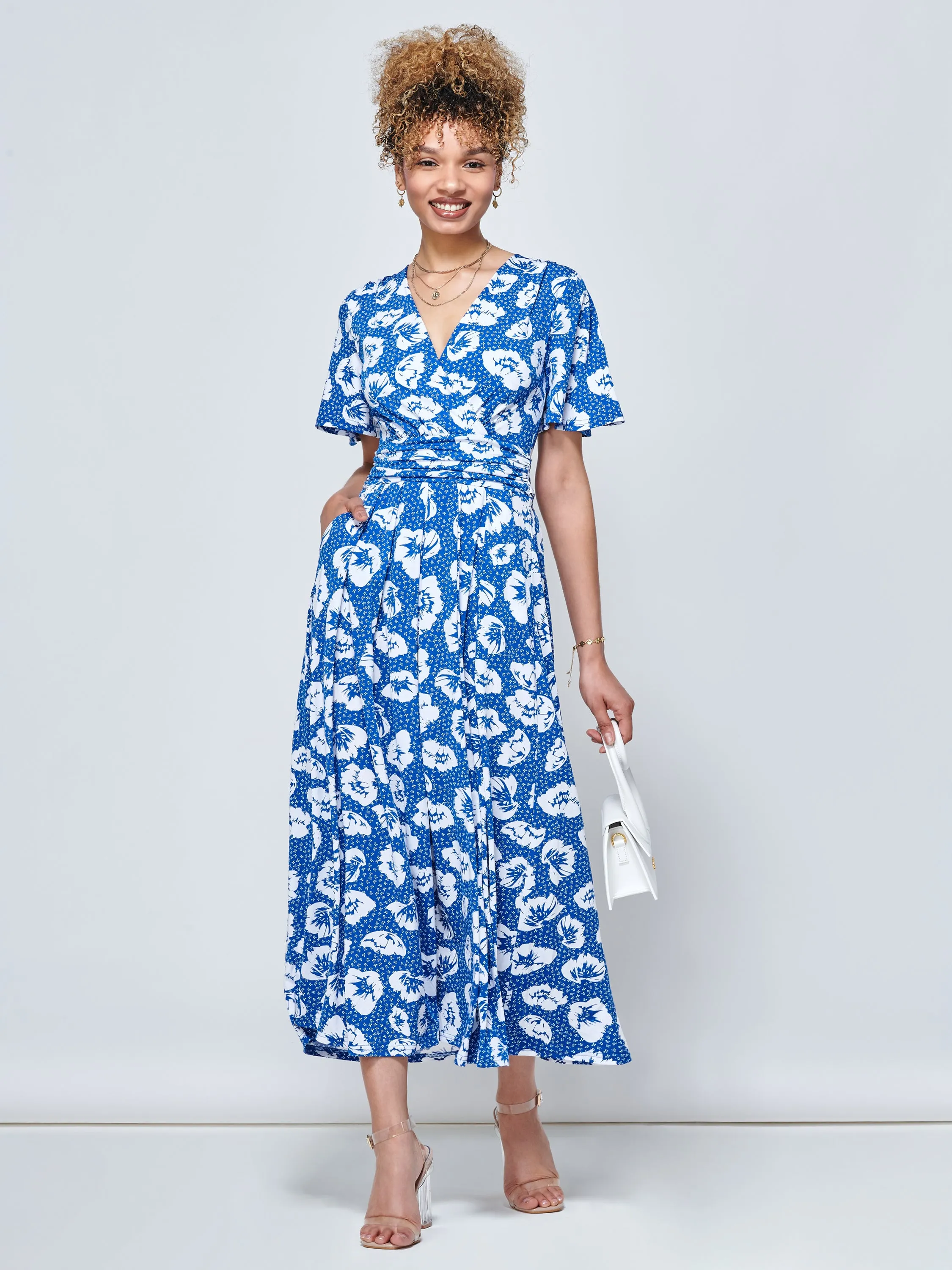 Jaylynn Flare Sleeve Jersey Maxi Dress, Royal Floral