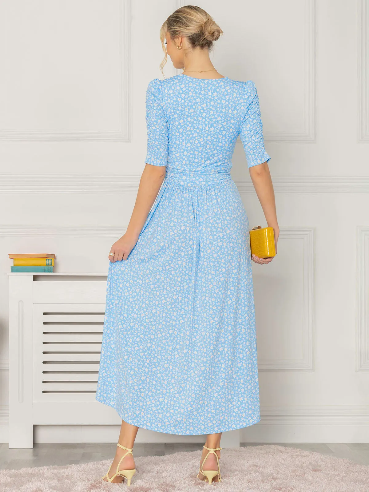 Jolie Moi Elenora Ruched Sleeve Maxi Dress, Blue Floral