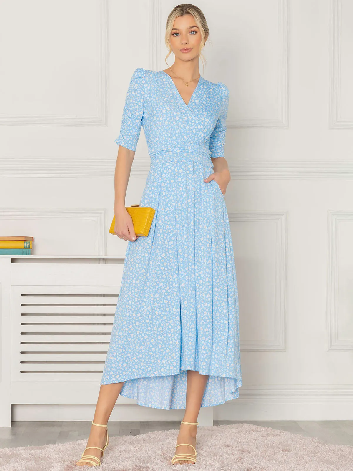 Jolie Moi Elenora Ruched Sleeve Maxi Dress, Blue Floral