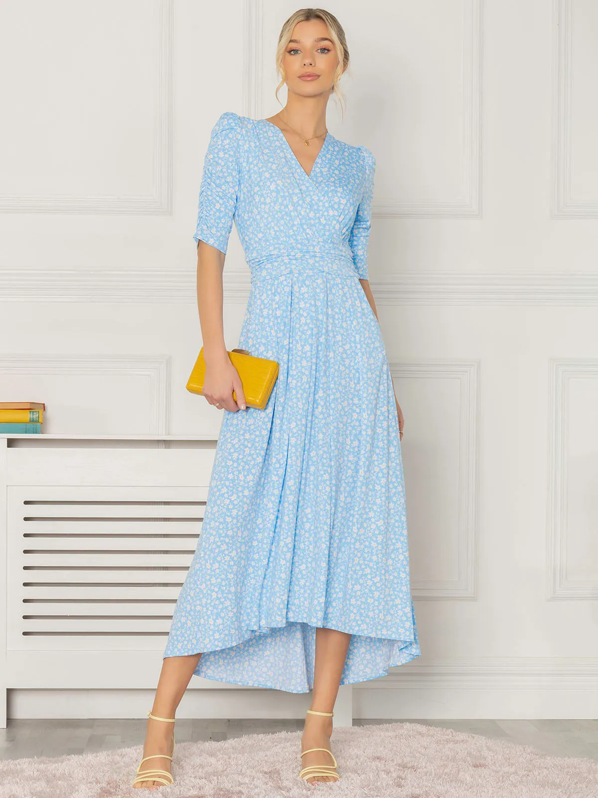 Jolie Moi Elenora Ruched Sleeve Maxi Dress, Blue Floral