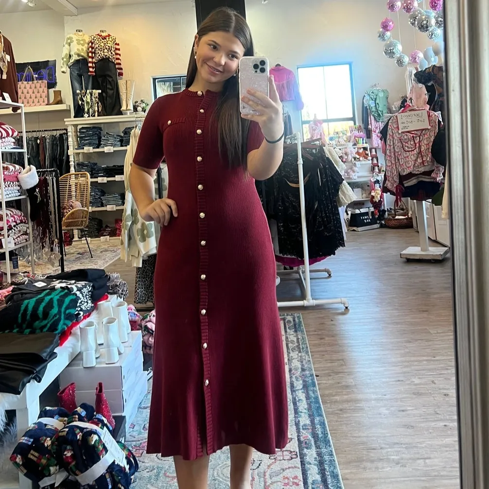 Kissed in Knit Burgundy Sweater Midi Dress