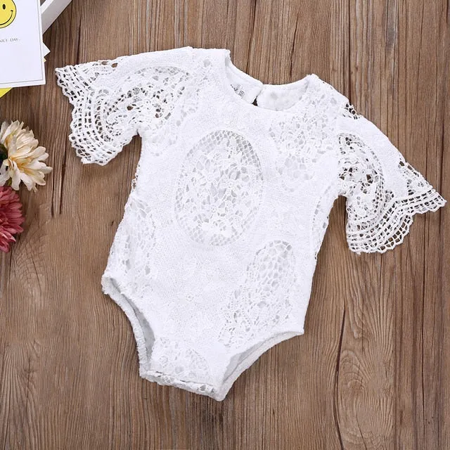 Lacey - Girls White Crochet Lace Bodysuit Romper