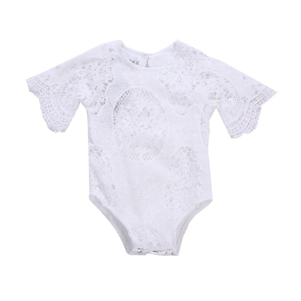 Lacey - Girls White Crochet Lace Bodysuit Romper