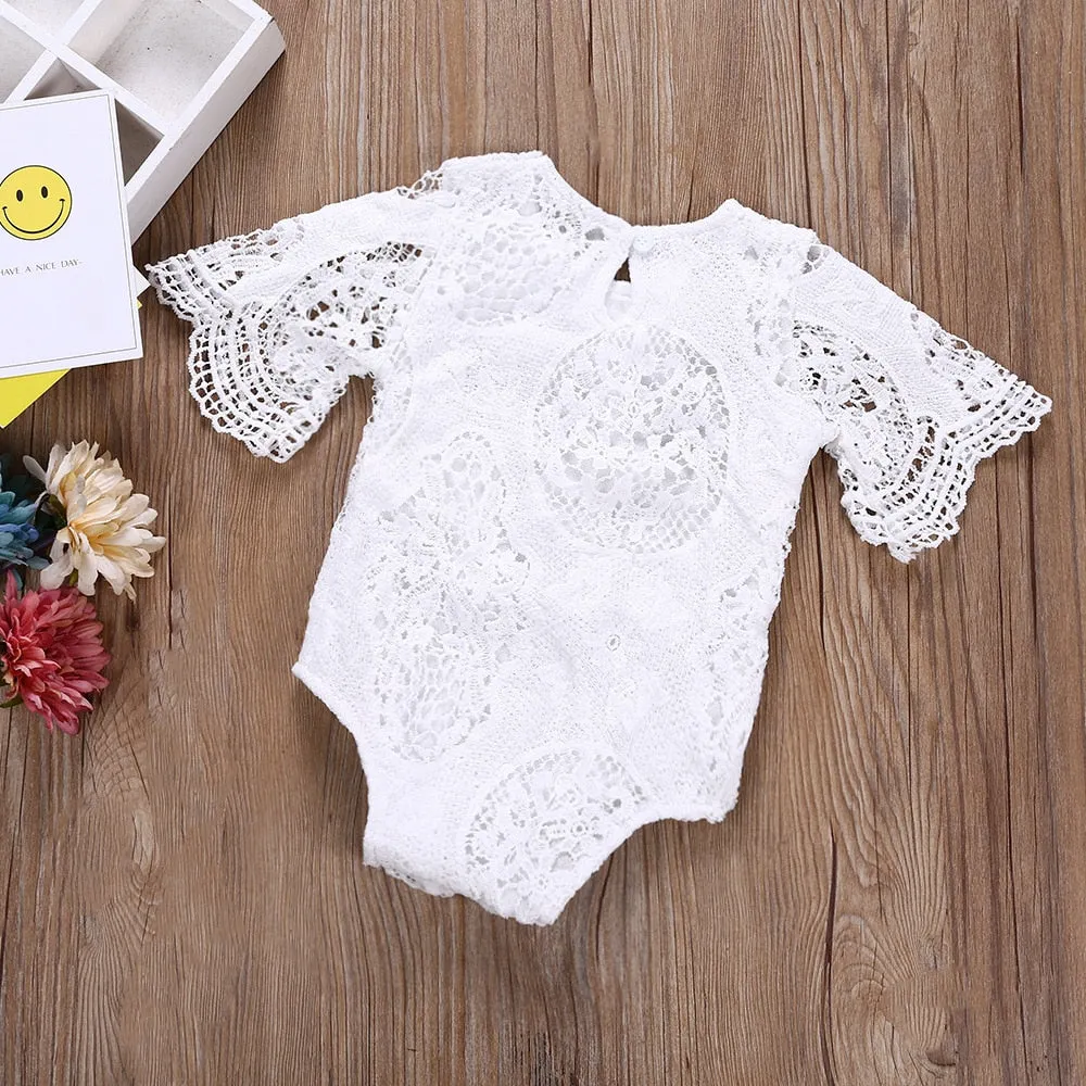 Lacey - Girls White Crochet Lace Bodysuit Romper