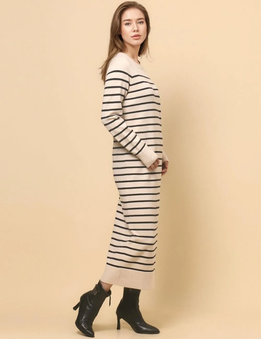 Ladies Color Block Stripe Sweater Midi Dress SKD4850