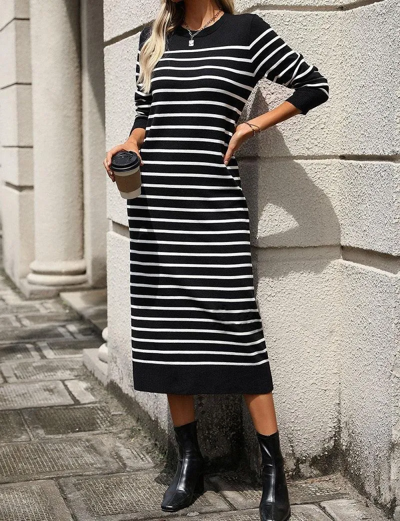 Ladies Color Block Stripe Sweater Midi Dress SKD4850