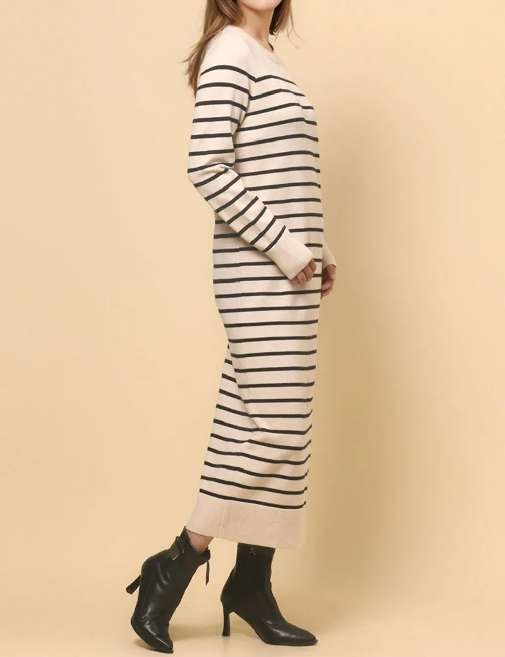 Ladies Color Block Stripe Sweater Midi Dress SKD4850