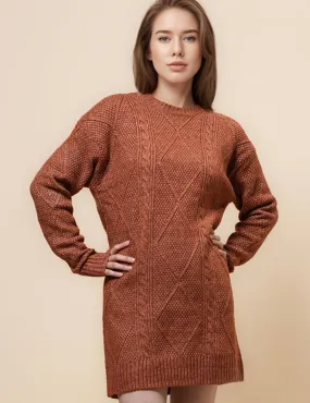 Ladies Solid Color Cable Knit Sweater Mini Dress SKT4955