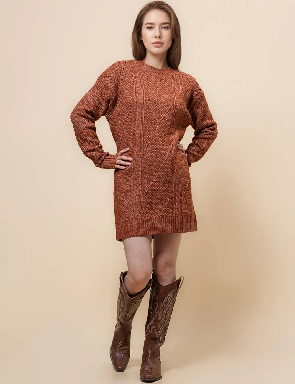 Ladies Solid Color Cable Knit Sweater Mini Dress SKT4955