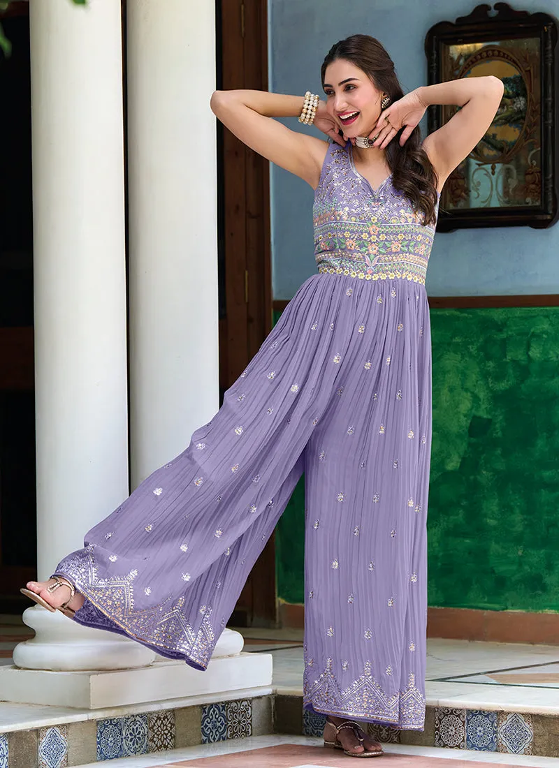 Light Purple Multi Embroidered Flared Jumpsuit