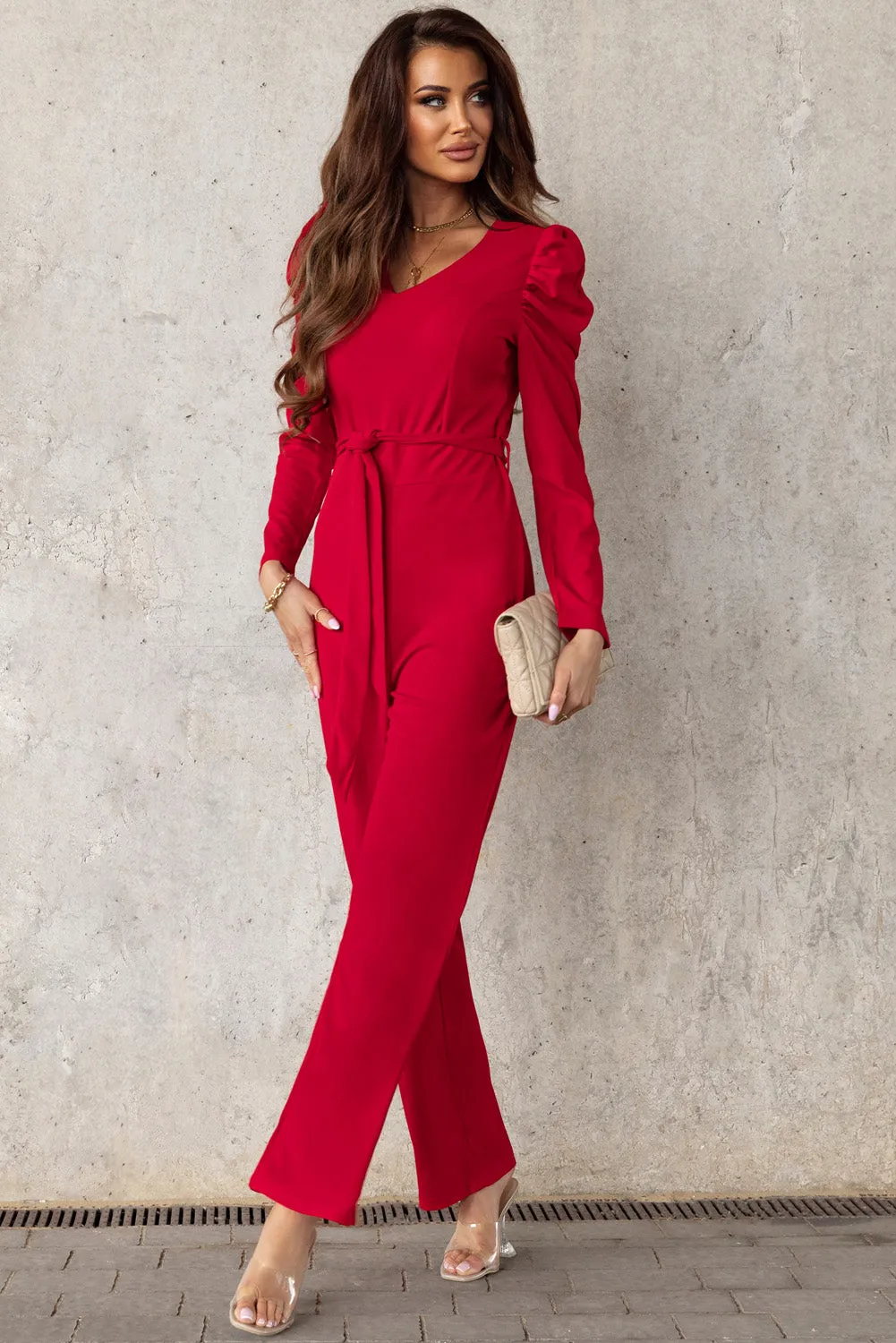 Long Puff Sleeve V-Neck Classic Jumpsuit
