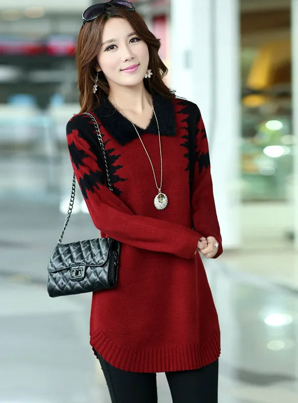 Long Pullover Slim Sweater Long sleeve lapel Sweater Knitwear