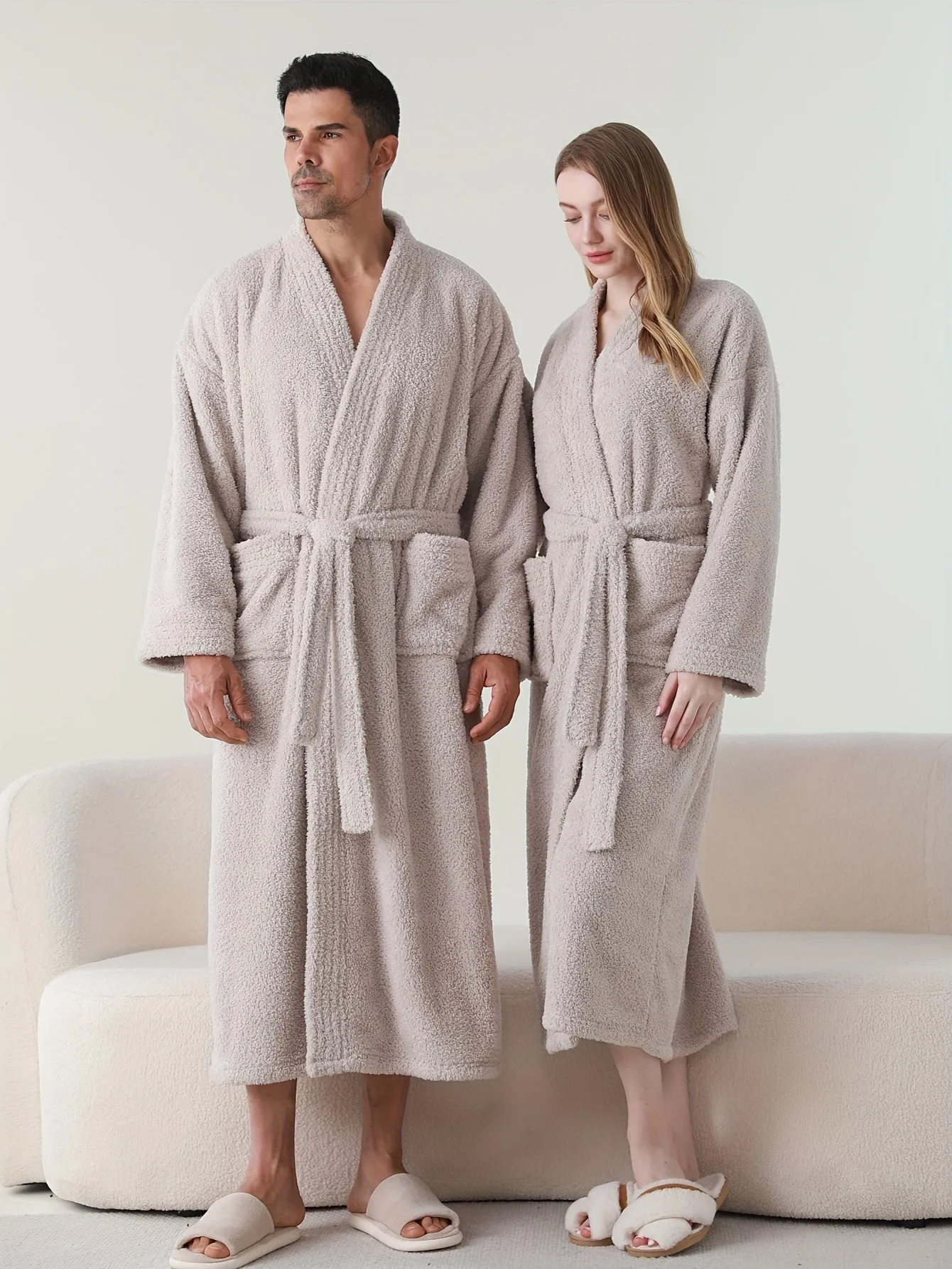 Luxurious Soft Polyester V-Neck Long Sleeve Robe Set with Pockets - Casual Solid Color Knit Fabric Couples Loungewear with Waist Tie, Perfect for Fall/Winter Season - Unisex Home Wear and Sleepwear with Functional Placket