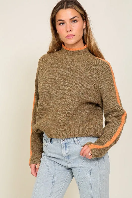 Marled Brown Raglan Sleeve Funnel Neck Sweater