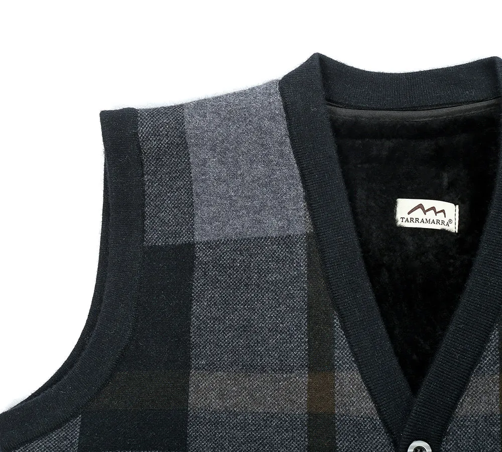 Men Plaid Knitted Wool Vest Detachable Inner Fleece Lining