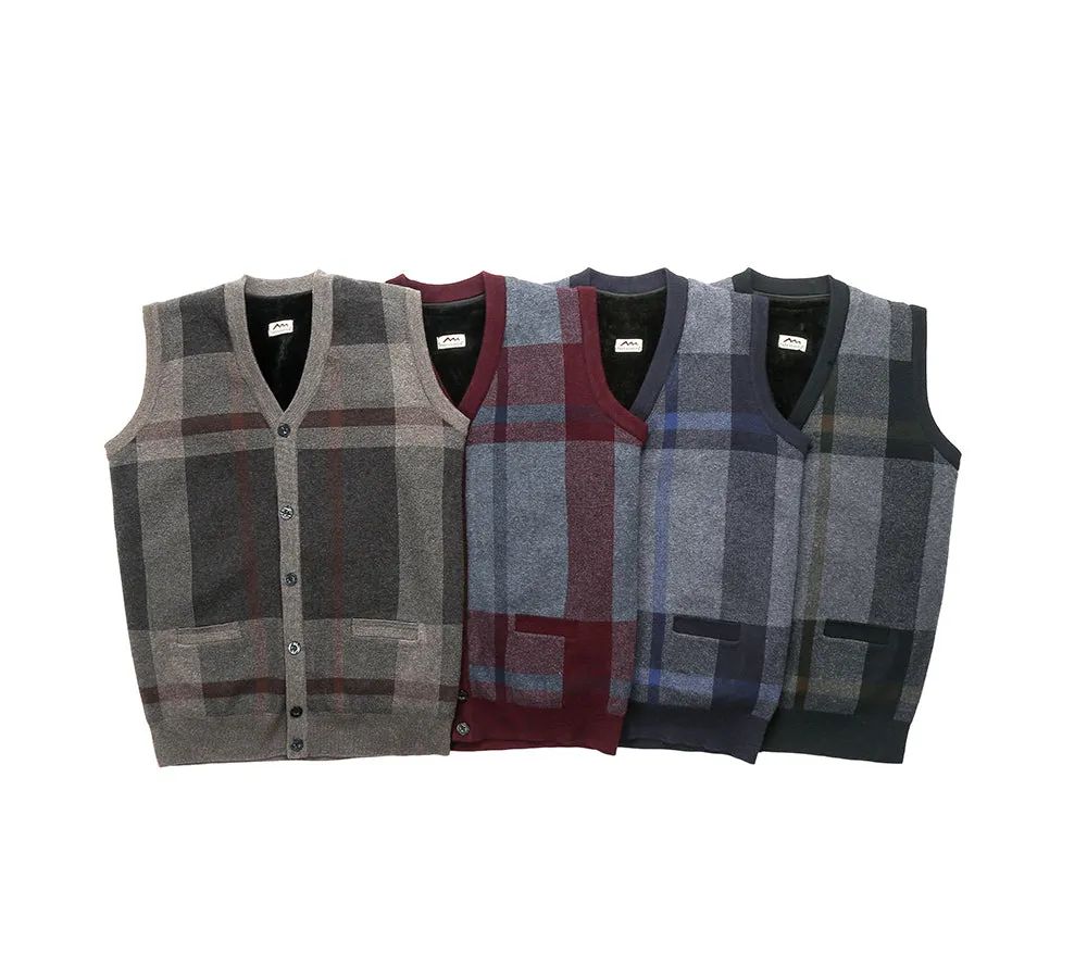 Men Plaid Knitted Wool Vest Detachable Inner Fleece Lining