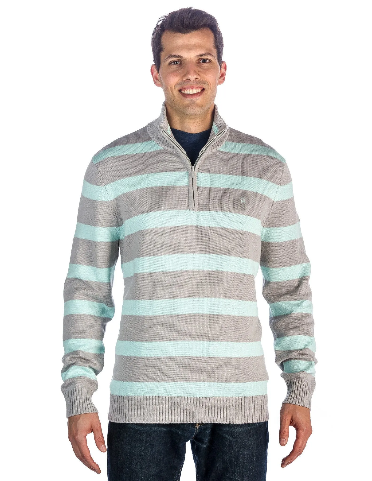 Men's 100% Cotton Half-Zip Pullover Sweater - Stripes Gray-Aqua