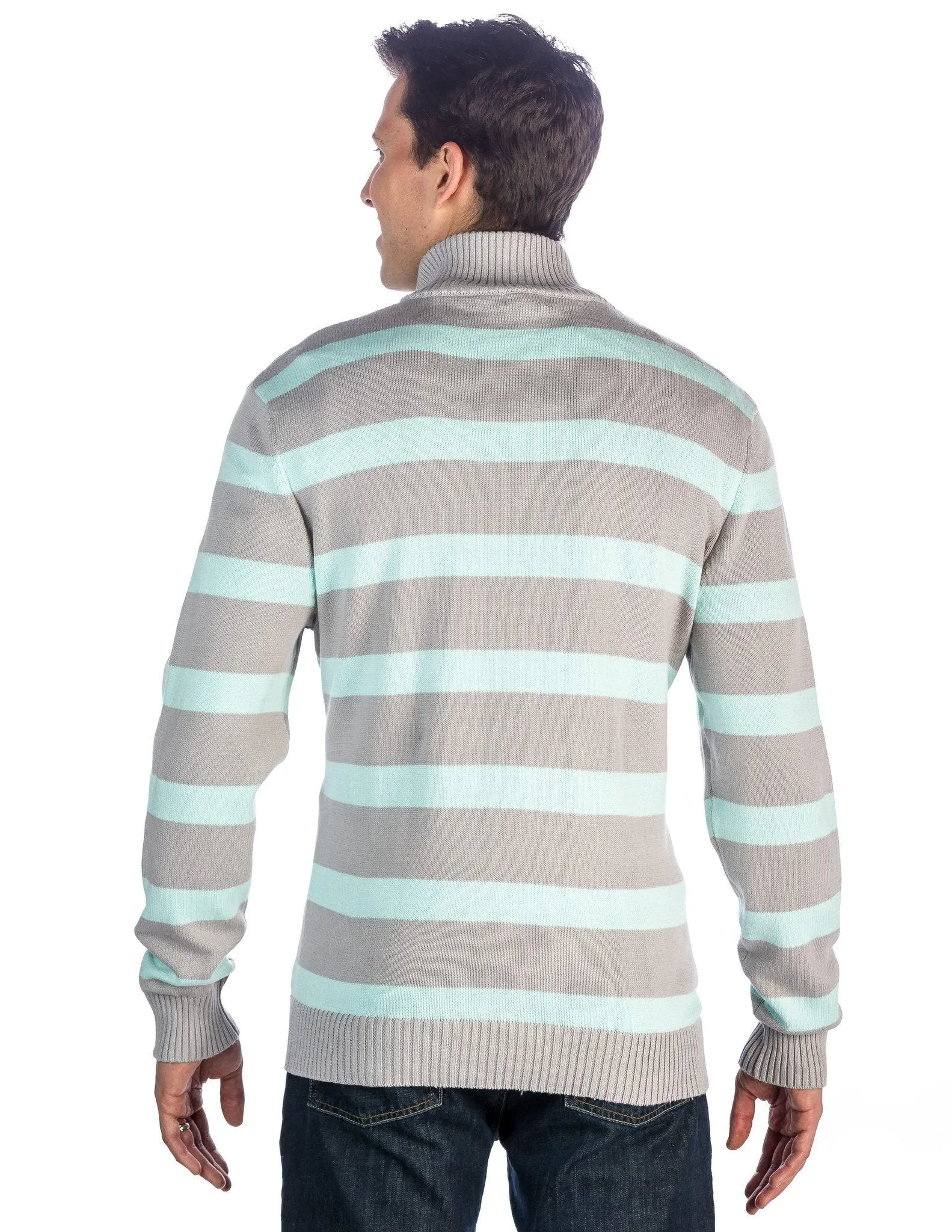 Men's 100% Cotton Half-Zip Pullover Sweater - Stripes Gray-Aqua