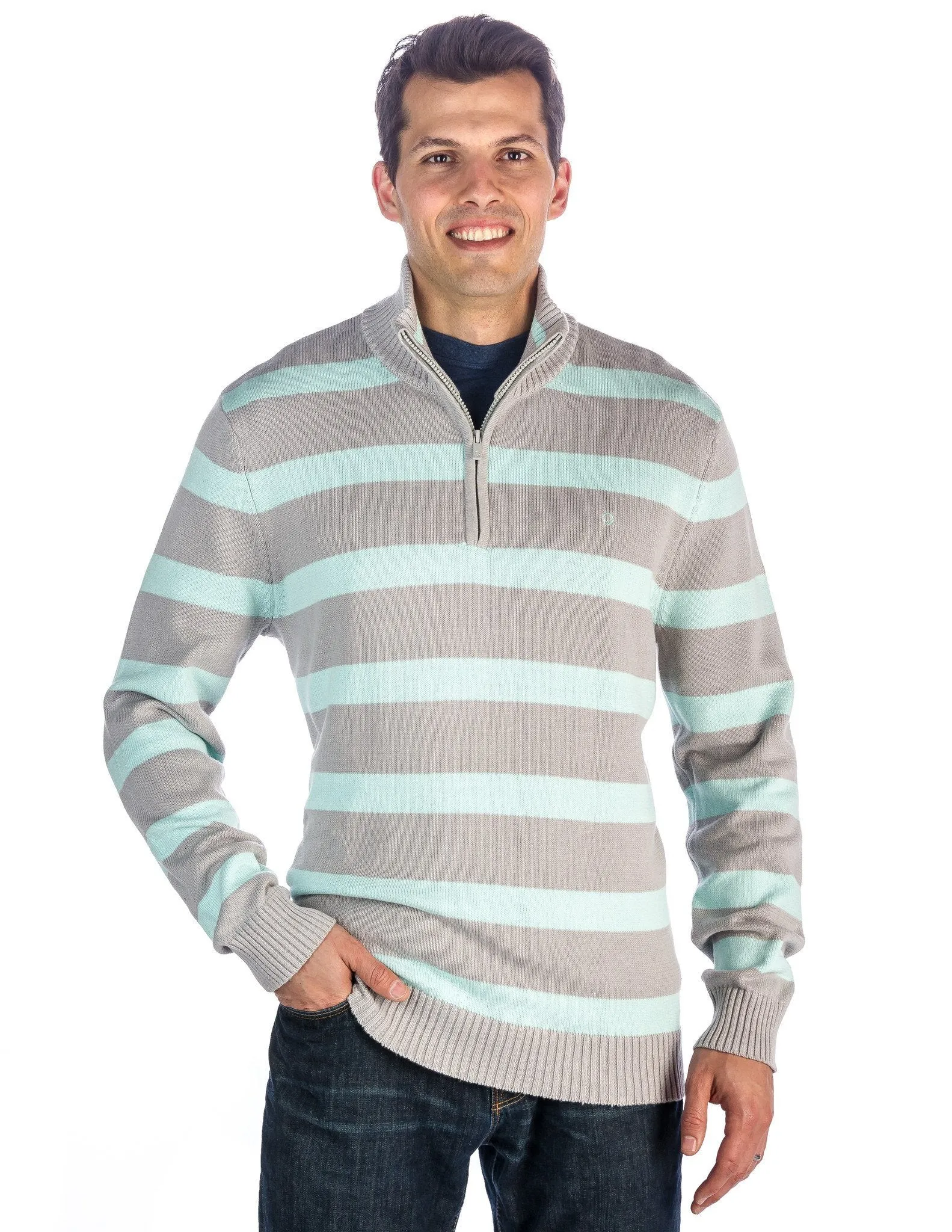 Men's 100% Cotton Half-Zip Pullover Sweater - Stripes Gray-Aqua