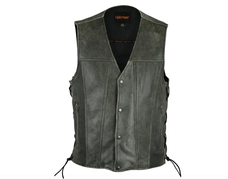 Men's Gray Leather V Neck Motorcycle Vest Snap Front Solid Back Concealed Carry