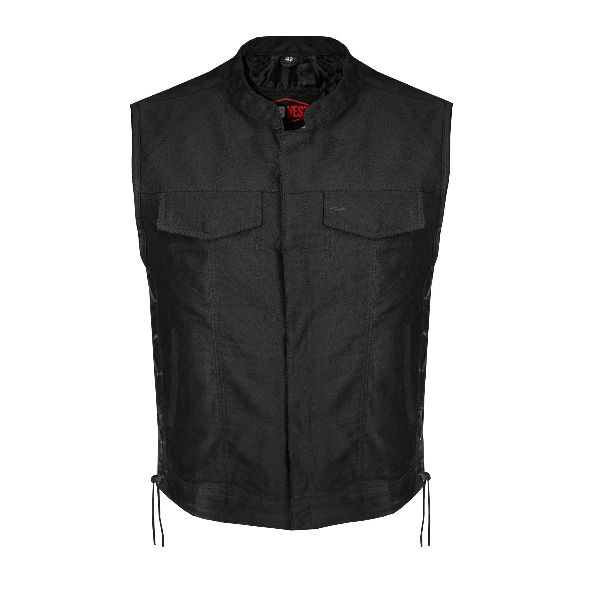 Mens SOA Style Motorcycle Club Vest® Black Denim Conceal Gun Pockets Side Laces