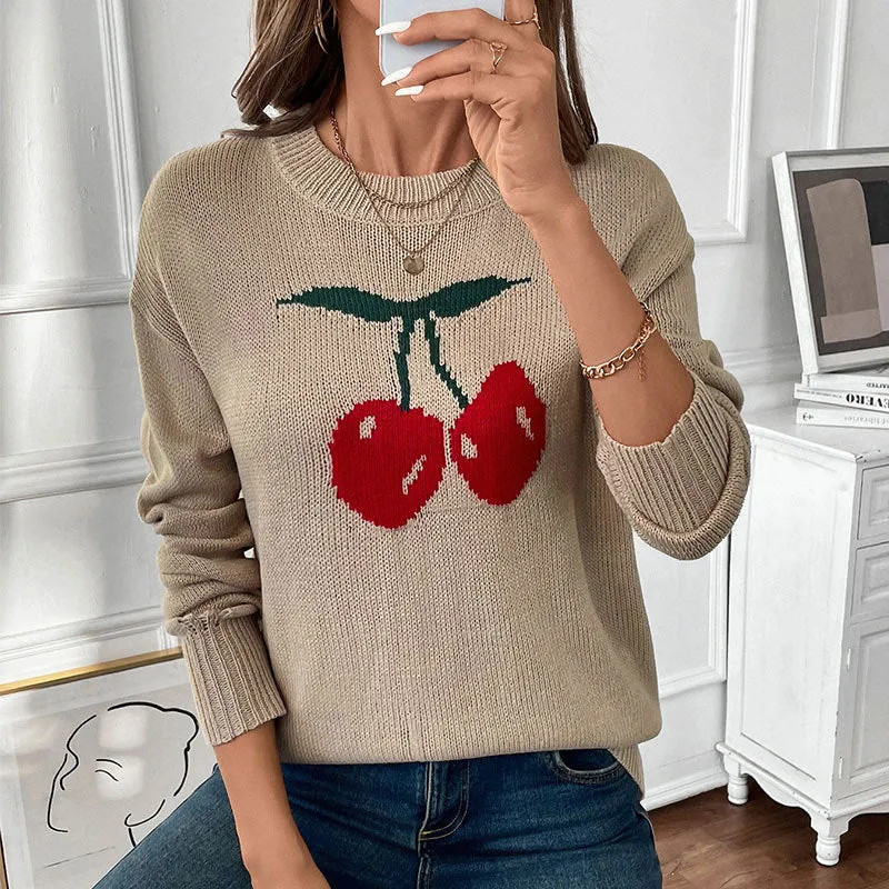 METAVERSMALL autumn and winter new round neck cherry pullover sweater 2025 Valentine's Day Christmas hot sale knitted sweater women