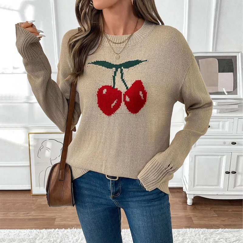 METAVERSMALL autumn and winter new round neck cherry pullover sweater 2025 Valentine's Day Christmas hot sale knitted sweater women