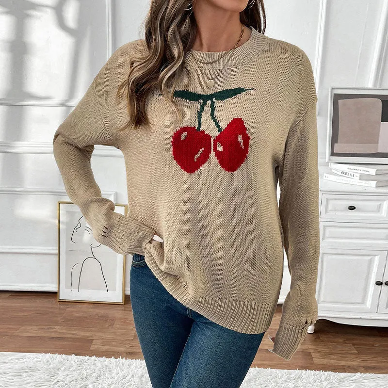 METAVERSMALL autumn and winter new round neck cherry pullover sweater 2025 Valentine's Day Christmas hot sale knitted sweater women