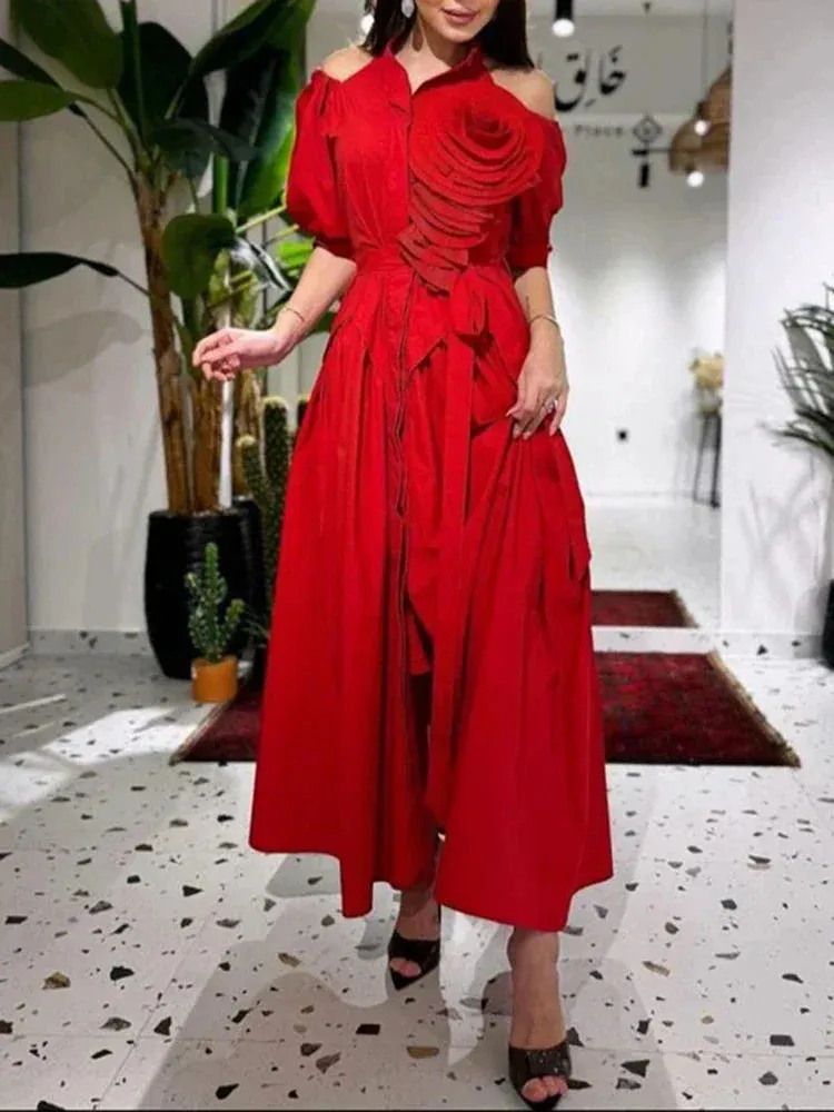 Metaversmall Birthday Party Red Dress For Women Lapel Sexy Off Shoulder Hollow Short Sleeve Patchwork Appliques Pleated Dress Female New