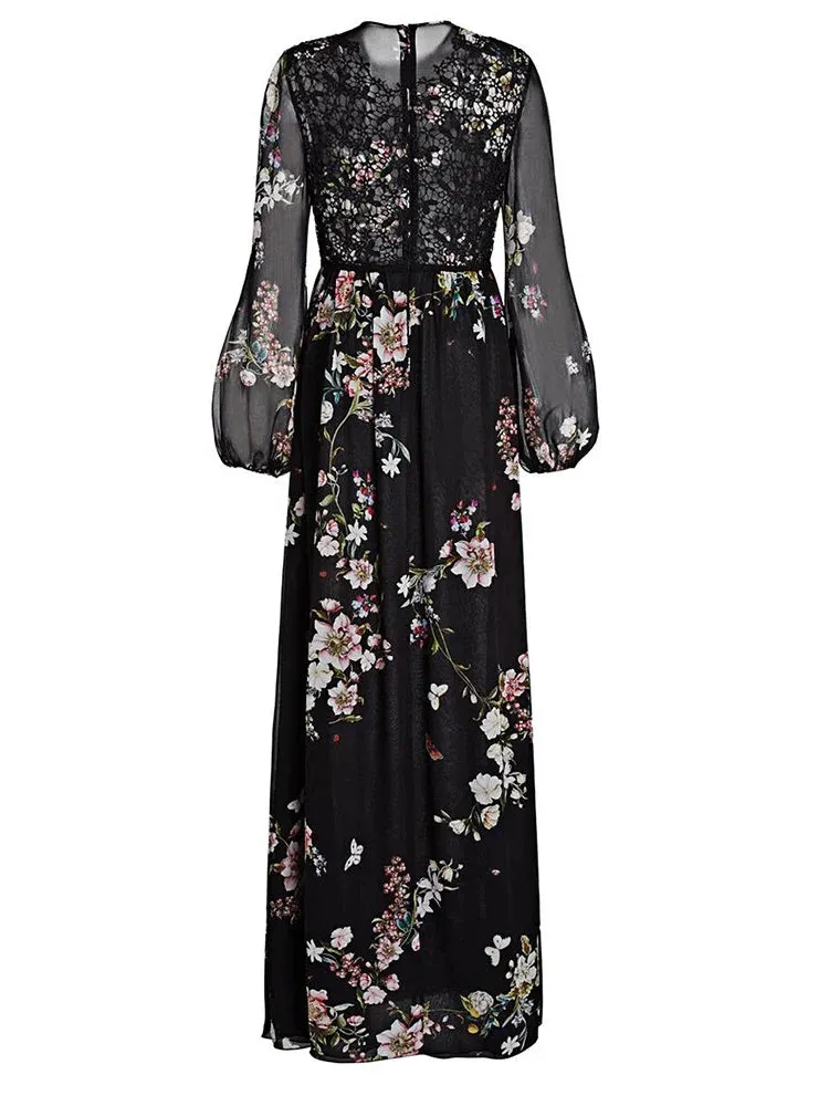 Metaversmall Elegant Floral Printing Lace Long Dresses For Women Round Neck Long Sleeve High Waits Temperament Slimming Dress Female New