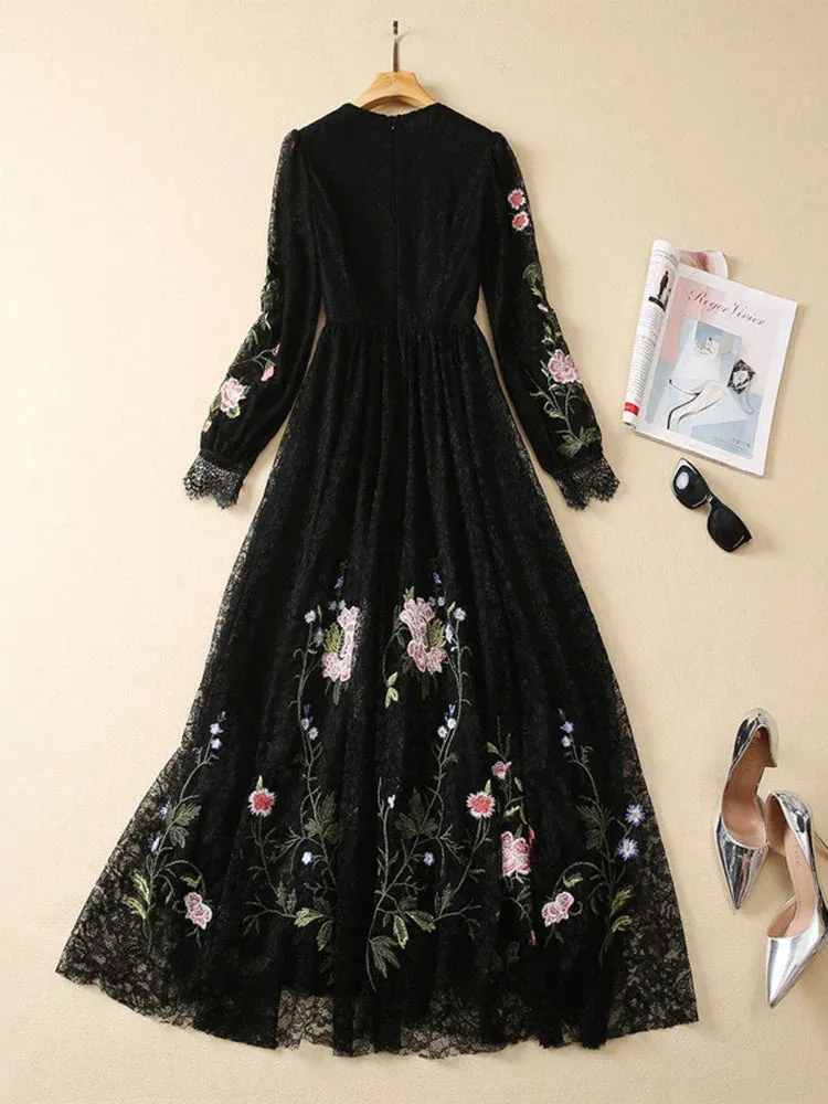 Metaversmall Floral Embroidery Slimming Dress For Women Round Neck Long Sleeve High Waist Temperament Lace A Line Dress Female Fashion