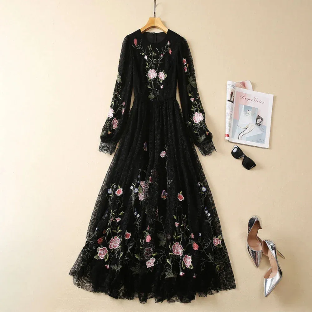 Metaversmall Floral Embroidery Slimming Dress For Women Round Neck Long Sleeve High Waist Temperament Lace A Line Dress Female Fashion