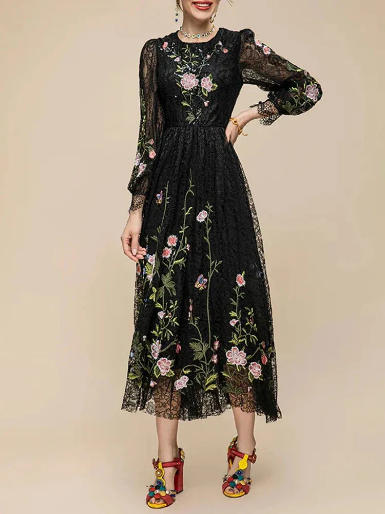 Metaversmall Floral Embroidery Slimming Dress For Women Round Neck Long Sleeve High Waist Temperament Lace A Line Dress Female Fashion