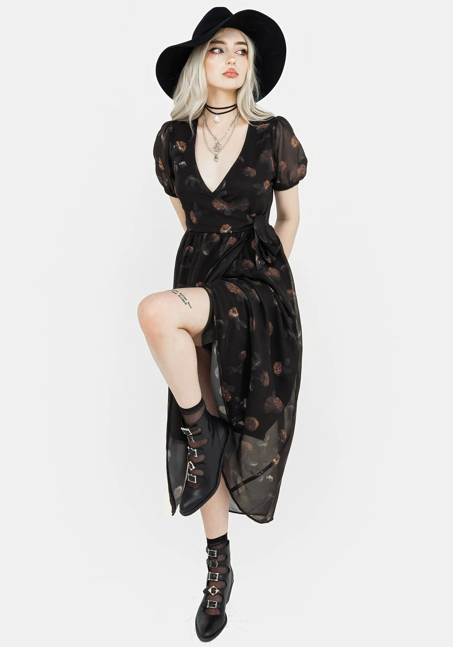 Monica Floral Chiffon Midi Wrap Dress