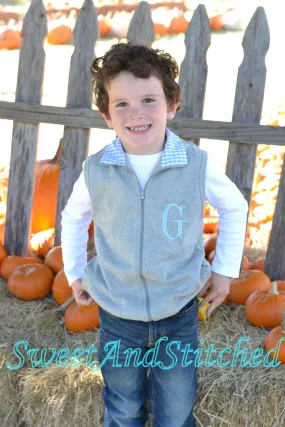 Monogrammed Boys blue and gray gingham vest, boys fall outfit