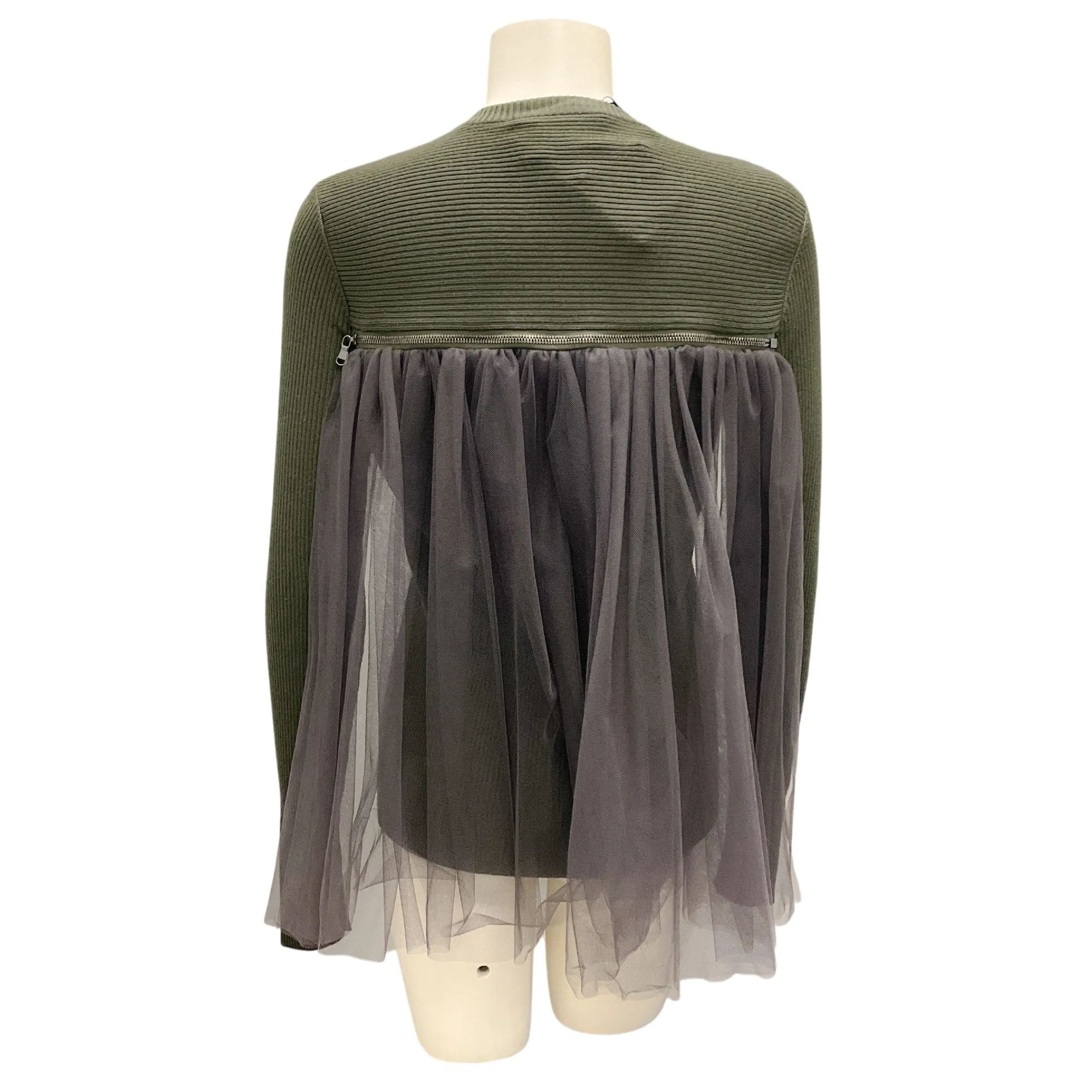 Moschino Couture Olive Green Tulle Detail Ribbed Knit Sweater