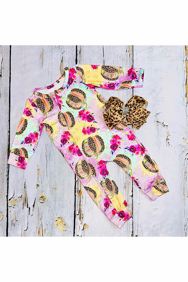 Multicolor & leopard pumpkins & floral print baby romper DLH2675