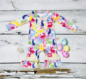 Multicolor bunnies lace ruffle baby romper DLH1121-3