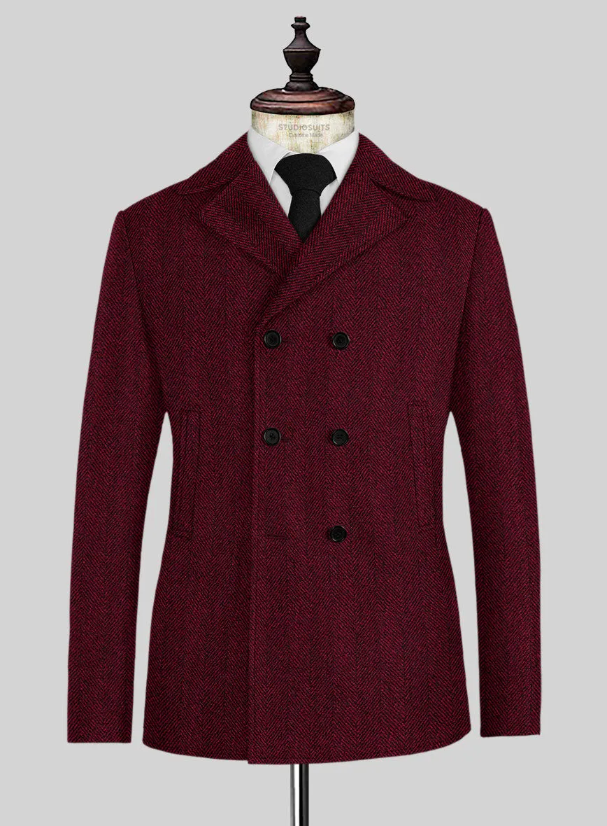 Naples Wide Herringbone Mahogany Tweed Pea Coat