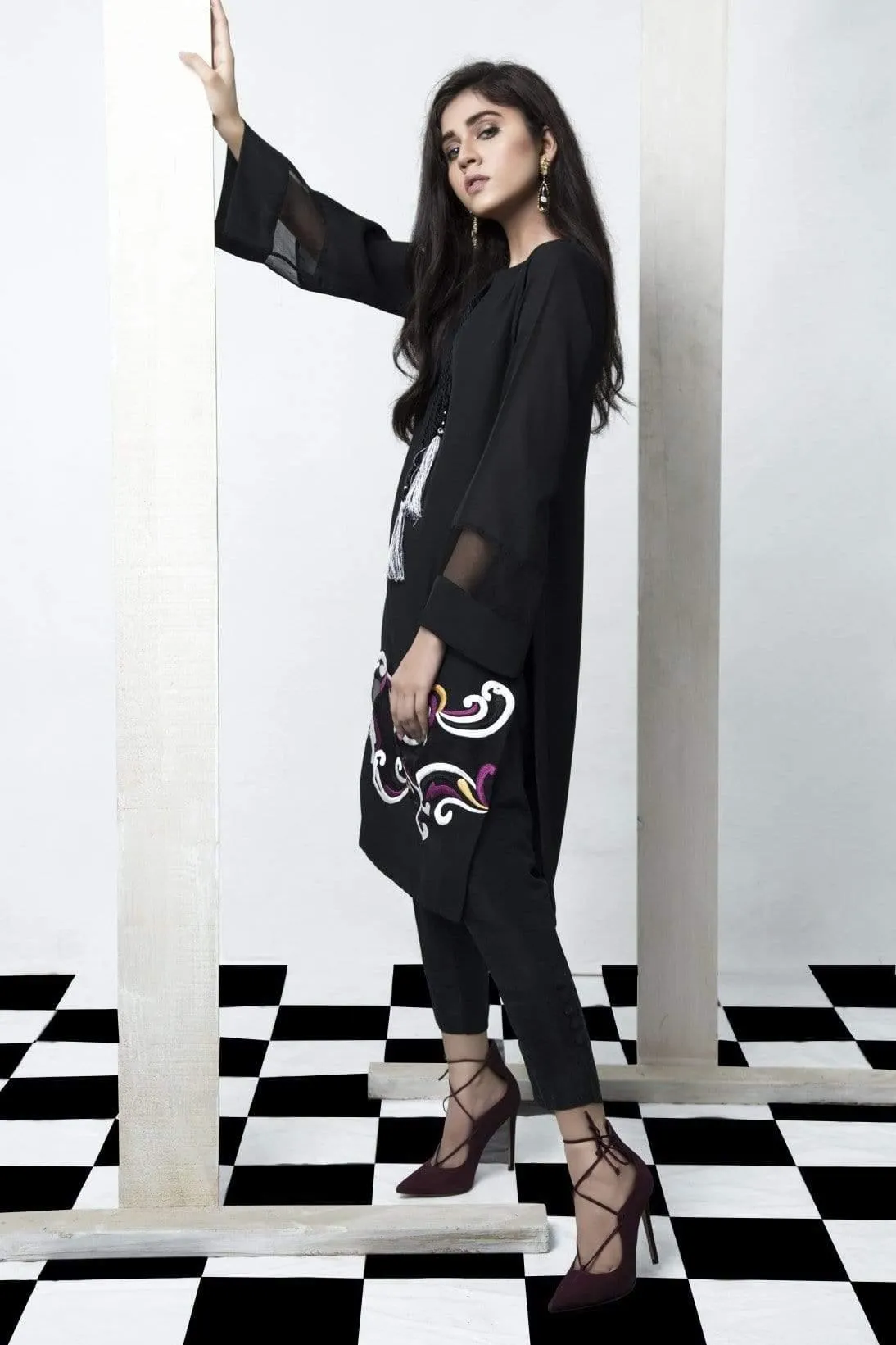 Natasha Kamal - Black Tunic Featuring Embroidered Organza Insert (Two Piece Set)