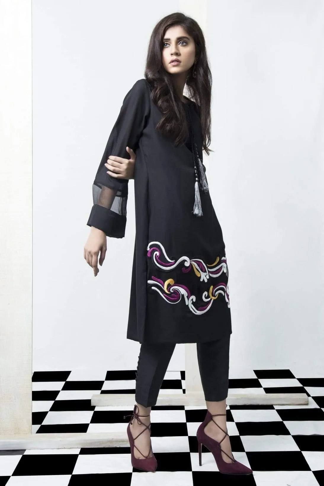 Natasha Kamal - Black Tunic Featuring Embroidered Organza Insert (Two Piece Set)